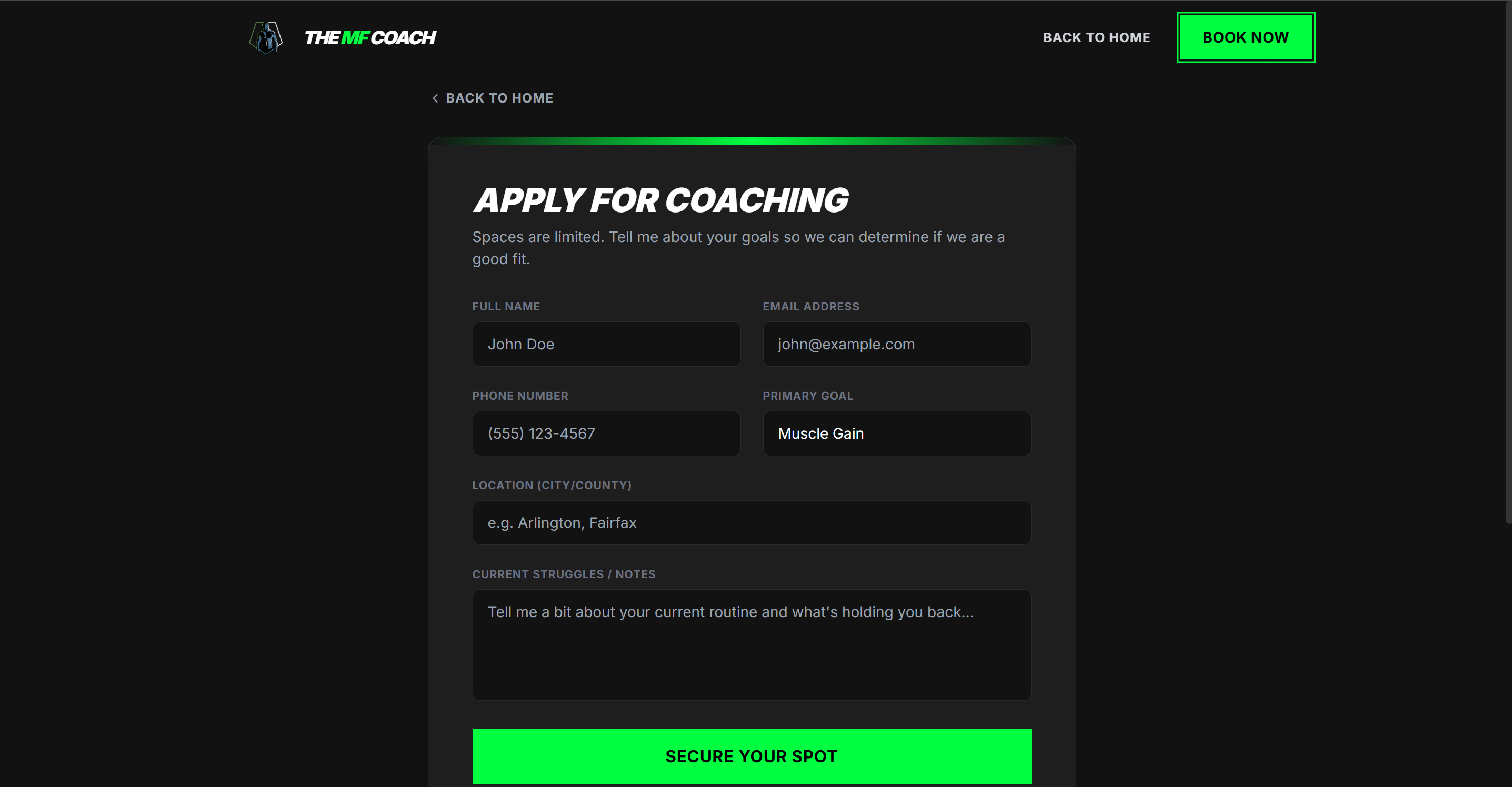 The MF Coach booking page